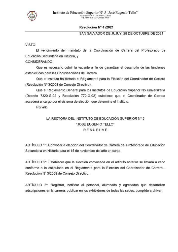 ElecciÓn Coordinador Historia Instituto De Educación Superior N° 5 José Eugenio Tello 7066