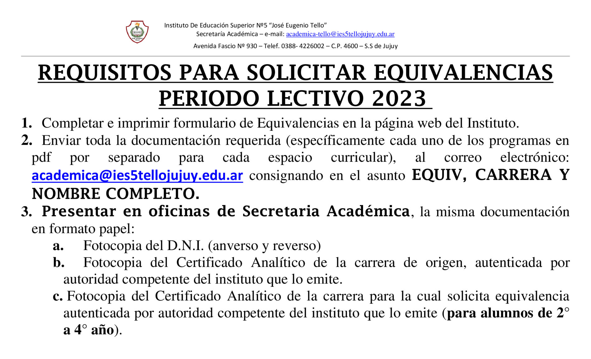 Formularios Asimilacion Y Equivalencia Instituto De Educación Superior N° 5 José Eugenio Tello 4513