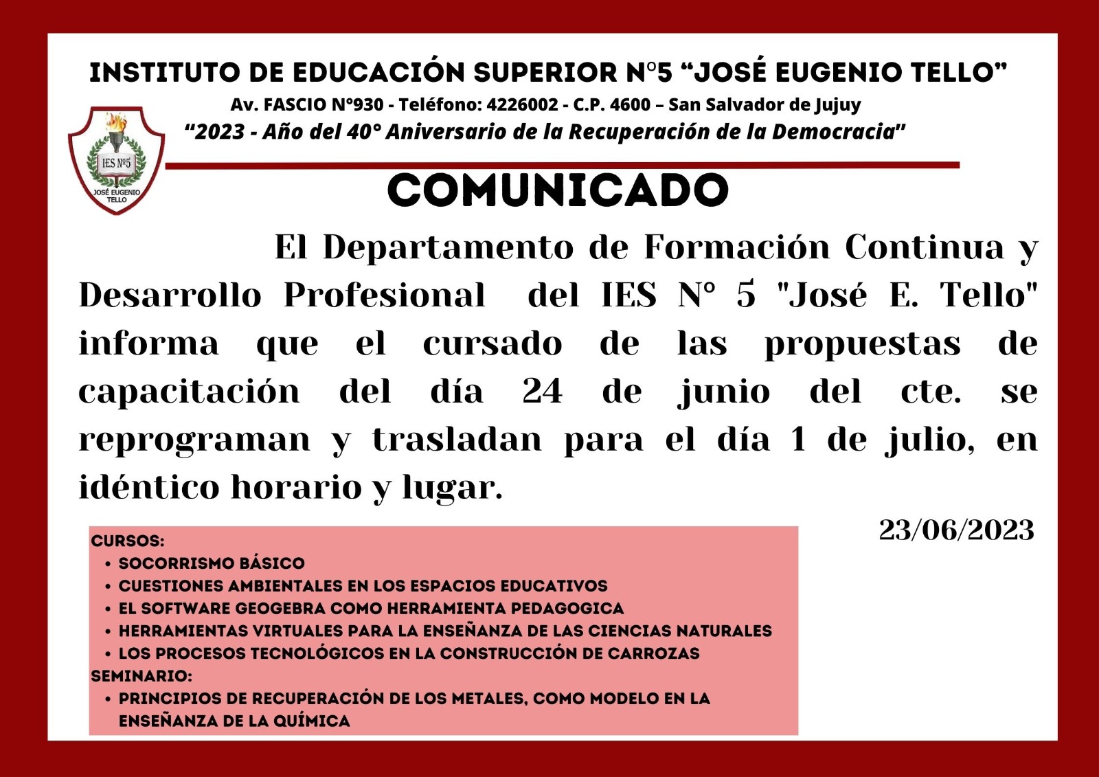 CURSO Instituto De Educaci n Superior N 5 Jos Eugenio Tello 